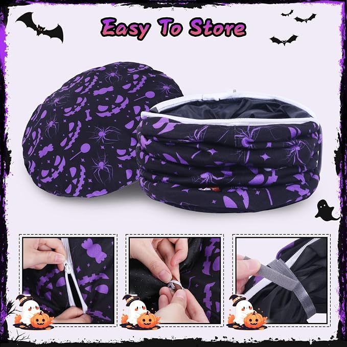 Tidjani Cat Tunnel Bed, Cat Tunnels for Indoor Cats, Foldable Cat Donut Bed with Washable Mat and Dangling Balls, Purple Bowknot, Ghost Spider Pattern Decor Pet Toys for Small Animals