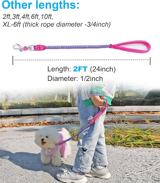 2/3/4/6/10 Foot Reflective Dog Leash Strong Nylon Rope Braided Heavy Duty for Large Medium Small Dogs Walking Training Leads (Pink, 2ft * 1/2")