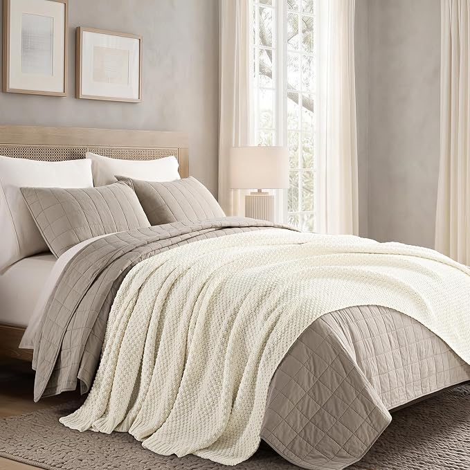 EVERGRACEHOME Chunky Chenille Knit Throw Blanket for Couch, Soft Luxurious Oversized Queen Moss Stitch Blanket for Bed, Cozy Farmhouse Knitted Throw for Sofa, Ivory White, 90" x 90"