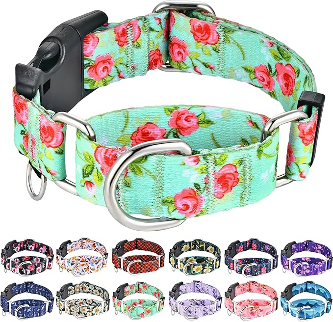 Martingale Collar for Dogs with Buckle Pink Floral Dog Collar No Pull Cute Girl Female Dog Collars for Extra Small Dogs, Green Rose