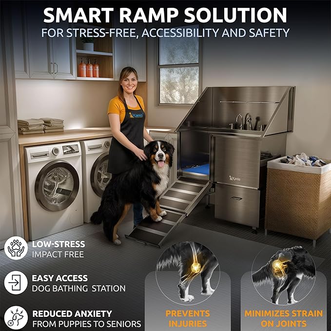 KANIS Professional Dog Washing Station 304 Stainless Steel Pet Wash Sink & Grooming Bathtub w/Shower, Floor Grates and Storage for Large, Medium & Small Pets (Silver, 40 Inches, Left Ramp, 1 Drawer)