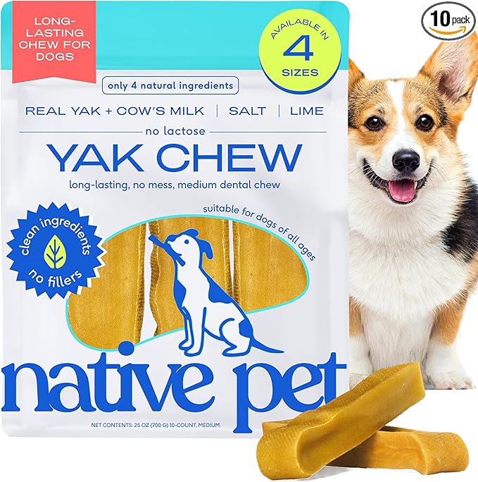 Native Pet Yak Cheese Himalayan Dog Chews - Long Lasting Dental Sticks for Medium Breeds – 100% All Natural Himalayan Yak Chews for Medium Dogs – Cheese Bone for Aggressive Chewers - 10 Per Pack