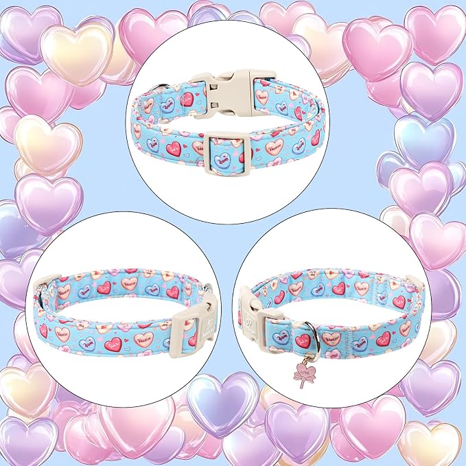 Valentines Dog Collar for Medium Dogs - Valentine Candy Hearts Dog Collars, Love Boy Girl Dogs Collars, Lightweight Adjustable Cute Blue Puppy Collar with Quick-Release Buckle M