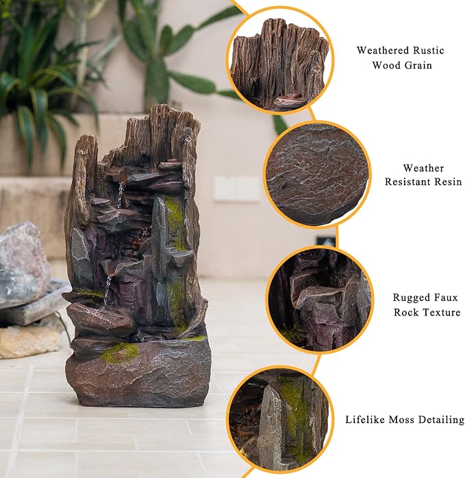 23.7" H Outdoor Garden Fountains, Cascading Rock Water Fountain Indoor, Freestanding Resin Water Feature for Patio, Backyard, Deck, Porch Home Decor