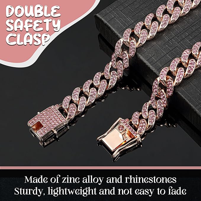 LEIFIDE Dog Chain Collar Diamond Link Puppy Collar 12 mm Wide Dog Necklace Metal Cat Chain Pet Crystal Necklace Jewelry Accessories for Small Medium Large Pet(10 Inch,Rose Gold, Pink)