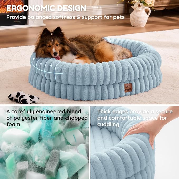 ChiXnuggle Orthopedic Dog Bed for Medium Dogs, Waterproof Faux Rabbit Fur Dog Couch with Egg Crate Foam Support and Washable Removable Cover, Bolster Pet Sofa with Non-Slip Bottom, 30x24x7, Light Blue