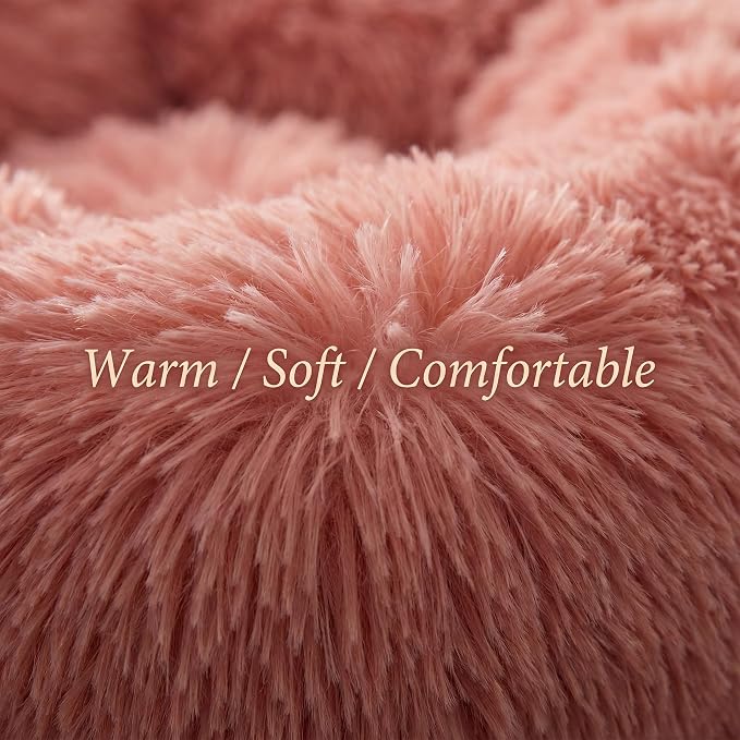 Extra Small Dog Bed 19 Inch,Calming Donut Puppy Bed,Ultra Soft Faux Fur Round Dog Bed for Chihuahua Yorkie Maltese Pomeranian,Pink