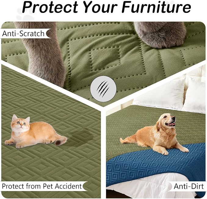 hyha Waterproof Dog Blanket, Soft Pet Bed Blankets, Waterproof Sofa Couch Cover for Dogs Washable, Reversible Pet Couch Covers for Sofa Furniture (82x102 Inch, Green/Navy Blue)
