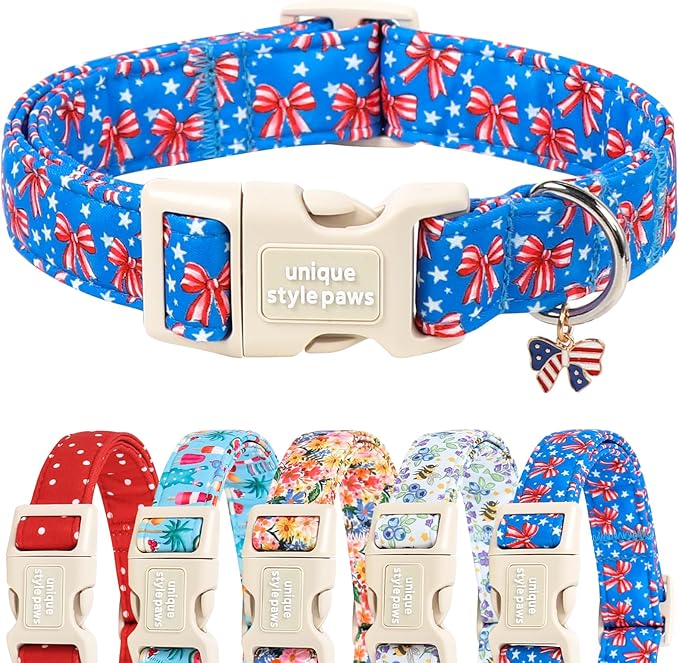 Unique style paws Dog Collar Plastic Buckle with Pendant Puppy Collar for Spring Summer Bow Star Flag Independence Day for Small Medium Large Boys Girls Dogs