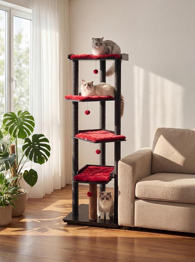 FourFurPets Heavy Duty Cat Tree, 67.7" Cat Tree for Indoor Cats Large Adult, Modern Cat Tower for Large Cats, Cat Tower with Scratching Post, Large Perch and Removable Pads,Black & Red