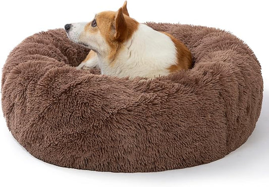 SAVFOX 30 inches Calming Donut Dog Bed - 3X Durable Plush Faux Fur, Machine Washable & Non-Slip, Fits up to 45 lbs, Brown