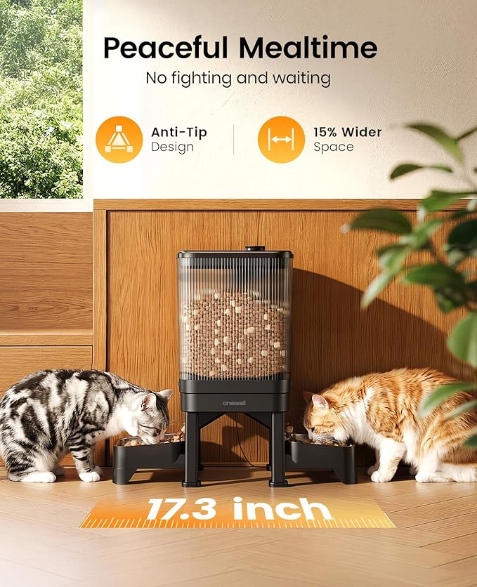 oneisall Automatic Cat Feeder for 2 Cats, 5GHz & 2.4GHz WiFi Cat Feeder with App Control, 7L/32-Cup Timed Food Dispenser with Portion Control, Dual Stainless Steel Bowls