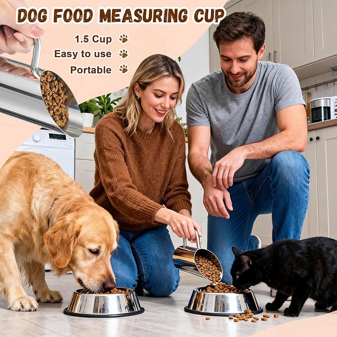 Zonon 2 Pieces 1.5/12 oz Cup Dog Food Stainless Steel Scoop, Durable Metal Dog & Cat Food Cup with Ergonomic No-slip Grip, Easy-clean, Rust-resistant Convenient for Bucket Pet Animal Feeds (Novel)