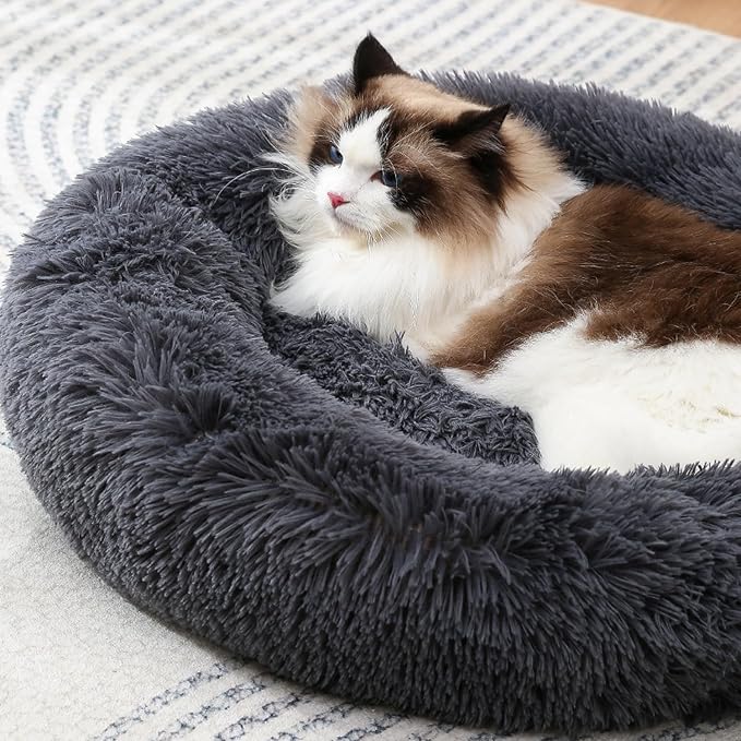 31 inches Calming Dog Bed for Large Dogs,Round Donut Plush Pet Cushion, Machine Washable Anti-Slip Bottom, Dark Gray Fluffy Warm Couch for Dogs Cats Up to 30KG