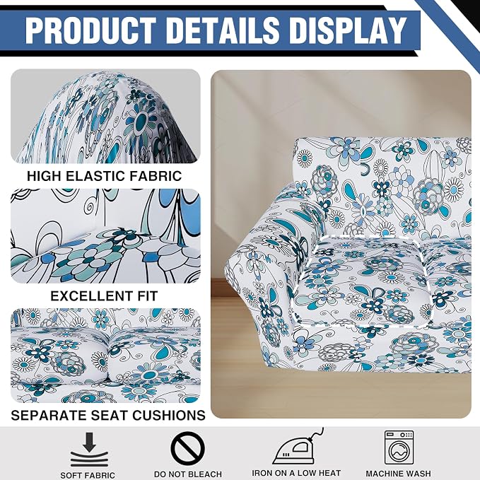 Stretch Couch Covers for 3 Separate Cushion Couch Sofa,Floral Printed Couch Sofa Cover,Washable Sofa Slipcover,Pet Friendly Furniture Protector with Elastic Bottom,Universal Fit for Home(Sofa,Cover)