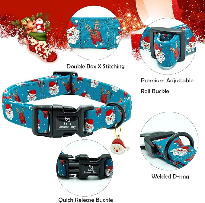 Lionheart glory Christmas Dog Collar, Blue Christmas Santa Deer Dogs Collar Adjustable Soft Comfortable Collars for Medium Dogs Girl or Boy Pet Gift Fall Cute Collar
