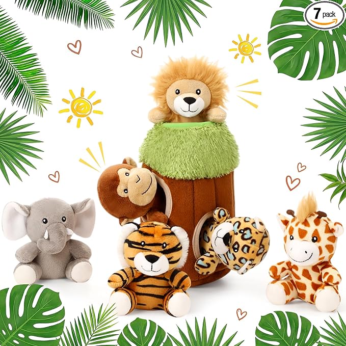 Skylety 7 Pieces Hide and Seek Dog Toys Activity Puppy Chew Squeaky Toys Plush Stuffing Burrow Woodland Stuffing with Squeakers for Small Medium Pets Dogs Puppy Gift(Lovely,Medium)