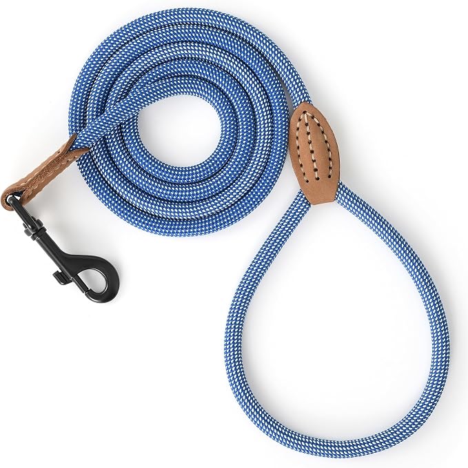Mile High Life Small Dog Leash, Thin Rope Leash with Genuine Leather Connection and Heavy Duty Metal Clasp, Great for Small Medium Dogs(Blue White,72 Inch-1/3)