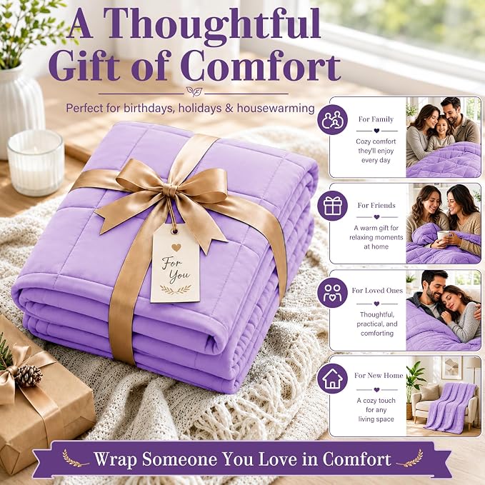 L'AGRATY Weighted Blanket - 48"x72" 15lbs Cooling Breathable Heavy Blanket for Adult Weighted Throw Blanket All-Season, Purple