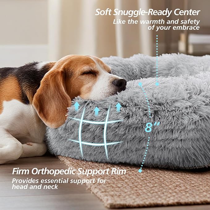 JOLLYVOGUE Calming Dog Bed for Small Dogs - 23 inches Donut Washable Small Dog Bed for Kittens & Puppies, Anti-Slip Round Fluffy Plush Faux Fur Cat Beds (Fits up to 25 lbs Pets, Grey)