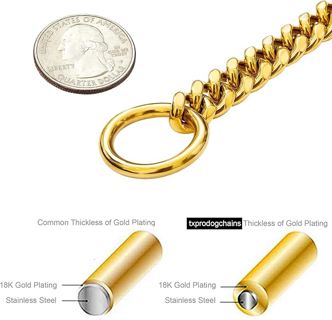 txprodogchains 18K Gold Chain Dog Collar 10MM Cuban Link Chain Stainless Steel Metal Links Walking Training Collar for Small Medium Large Dogs 10in to 24in (10" (Neck Fits 6"-8"), 18K Gold)