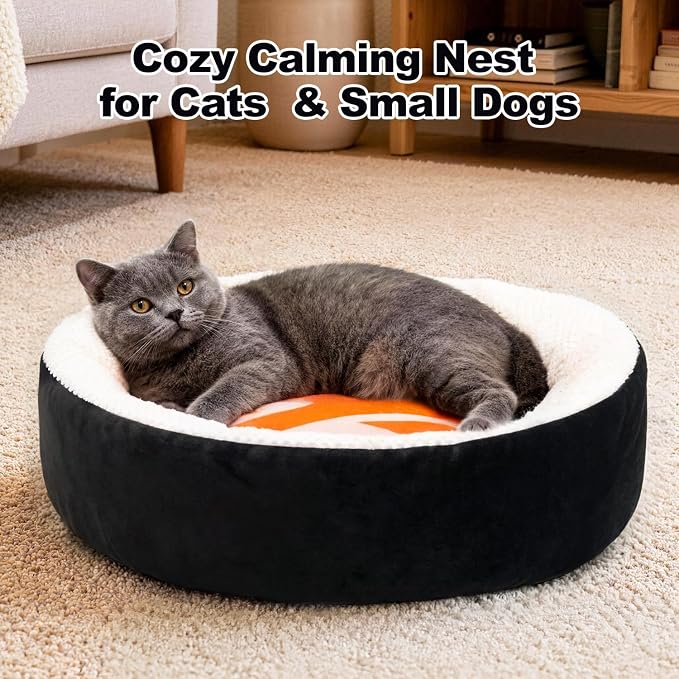 Cat Bed for Indoor Cats, 21" Washable Round Pet Bed for Cats & Small Dogs, Sushi Soft Fluffy Calming Bed for Kitten and Puppy with Anti-Slip Base