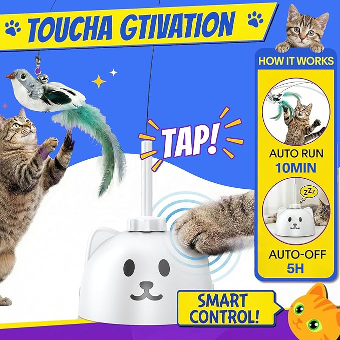 CATPICK Interactive Cat Toys for Indoor Cats - Automatic Flying Bird Feather Toy, USB Rechargeable Electric Cat Teaser with Strong Sticky Base, Smart Motion Self-Play Toy for Bored Cats(Yellow)