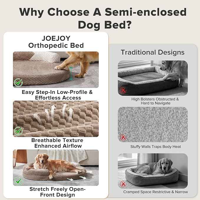 JOEJOY Orthopedic Dog Bed Medium Size Dogs, Waterproof Washable Oval Dog Beds with Removable Cover, Egg-Crate Memory Foam Pet Bed with Bolster Sides & Non-Skid Bottom, Brown, 28''x20''