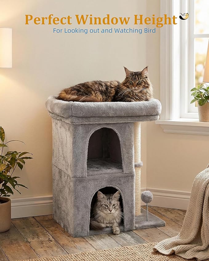 Aechonow Cat Tree for Large Cat, 19x16.5In Large Cat Perch, Adult Cat Tower for Indoor Cats with 24In Long Scratching Post, 2 Cozy Cat Condo House for Adult & Fat Cats, Light Gray
