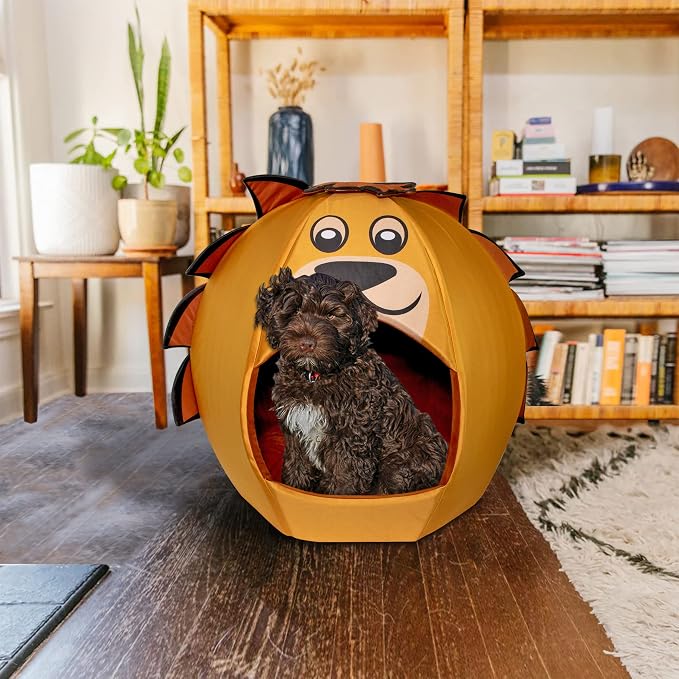 Maccabi Art Lion Theme Dog Bed - Cute Igloo Style Pet Bet - Fits Small Dogs, Puppies, Cats - Pillow Insert with Plush Lined Interrior, Non-Slip Igloo Design - 16 x 16 x 18