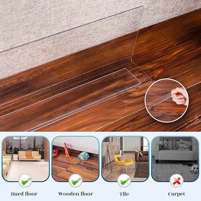 8 Pack Under Couch Blocker 15.8" L x 3.2" H Under Bed Blocker Gap Bumper Stop Toys Safety PVC Adjustable Clear Couch Guards Toys Blocker for Furniture Sofa Barrier with Strong Adhesive