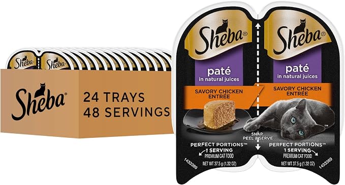 Sheba Perfect Portions Wet Cat Food Pate Savory Chicken Entree, 2.6 oz. Twin-Pack Trays, Cat Food Wet Recipe (24 Count, 48 Servings)