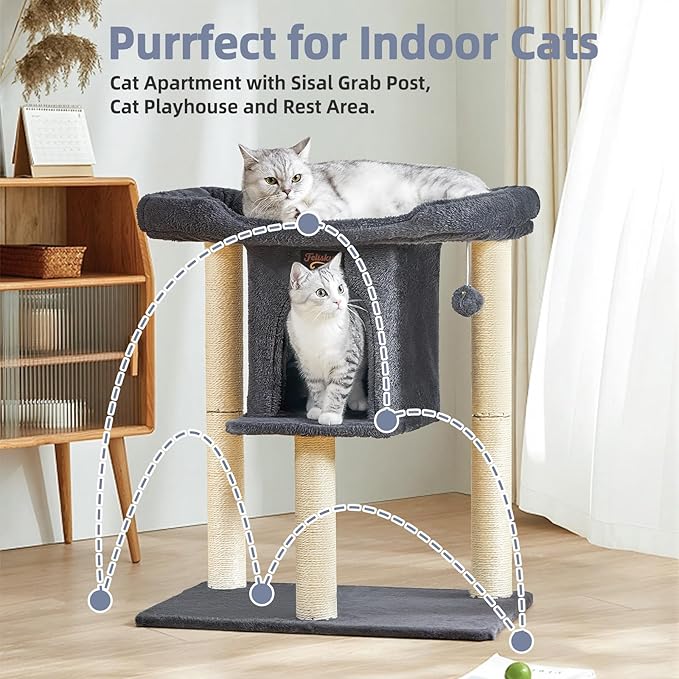 Cat Tree Tower Scratching Post for Indoor Large Cats, Small Cat Tree with Big Perch Bed, 28in Tall Trees House with Condo Cave, Toy Balls, Modern Climbing Furniture Platform for Kitten (Dark Gray)