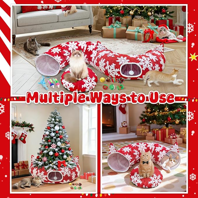 OurWarm Large Cat Tunnel Bed for Indoor Cats with 11 Toys, Round Donut Cat Cave Under Christmas Tree Skirt, Red Snowflake Christmas Cats Tunnel with Soft Mat Xmas Decor for Kitten, Rabbit, Puppy Play