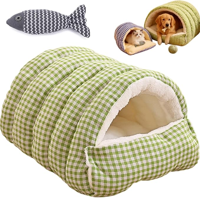 Pet Winter Cave, Warmth Cozy Comfort Plush Pet Cave, 360° Nesting Design, Snuggle Season Just Got Fluffier, Calming Plush Anti-Anxiety Cuddler Beds with Removable Cushioned (Green,L)