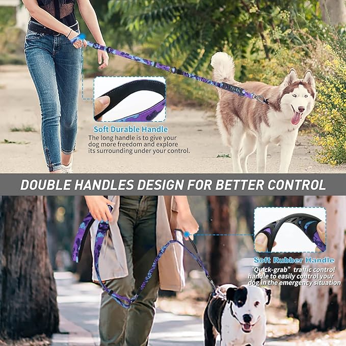 Hotsky Tactical Dog Leash Heavy Duty for Medium Large Dogs that Pull,4-6Ft Strong Bungee Shock Absorbing No Pull Dog Leash with Padded Double Handle and Car Seatbelt,Purple Camo
