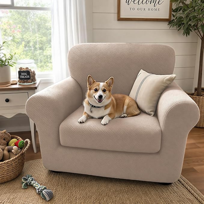 XINEAGE 2026 New 2 Pieces Chair Covers with Arms Super Stretch Chair Slipcover for Living Room Pet Dog Universal Slip Cover Anti Slip Armchair Furniture Protector (Khaki), 31"-46"(1 Cushion)