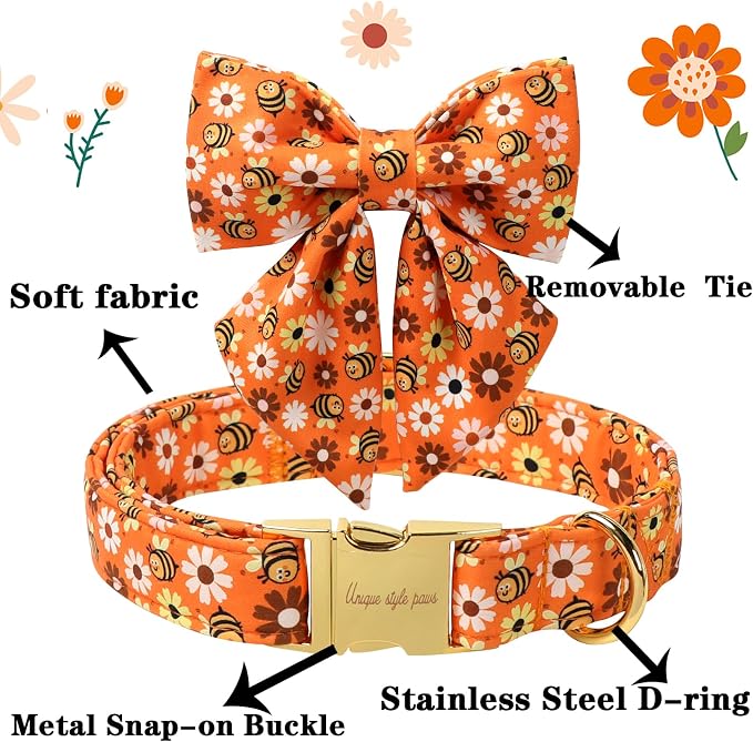 Unique style paws Cartoon Dog Collar with Bowtie Autumn Halloween Puppy Collar with Bee Daisy for Small Medium Large Boys Girls Dogs