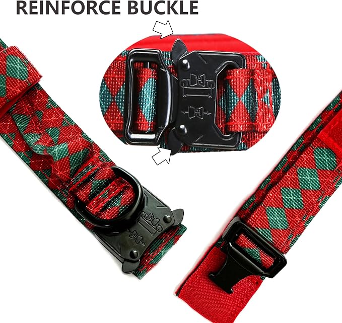 Christmas Tactical Dog Collar Adjustable Nylon Dog Collar Metal Buckle with Handle for Dog Training (Christmas Green,S)