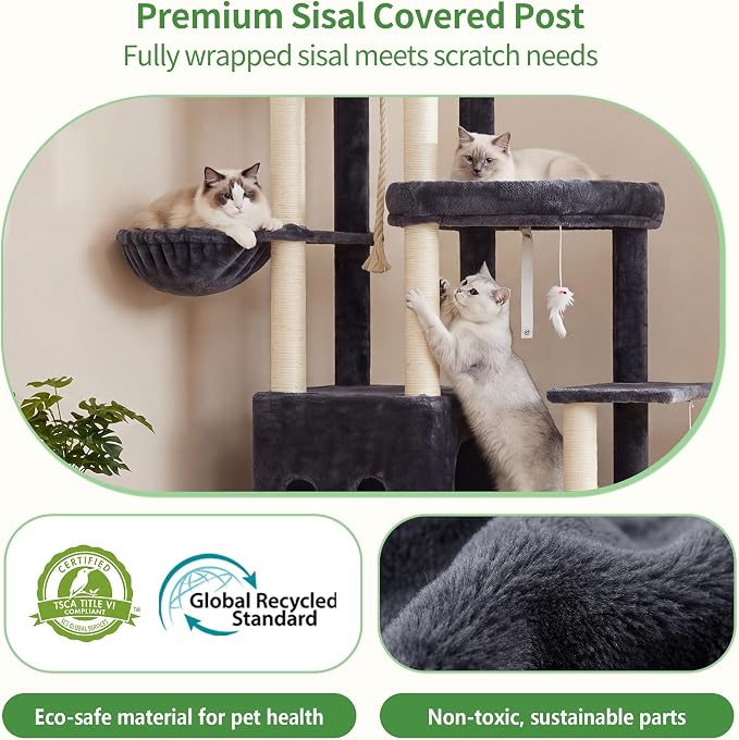 Heybly Cat Tree, 59.4" Secure Anti-Tip Cat Tower for Large Cats, Spacious Cat Furniture with Dual-Tier Cat Condo, 2 Top Perches, Hammock and Sisal Scratching Posts, Smoky Gray HCT055G