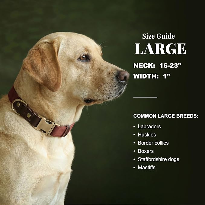 Didog Soft PU Leather Dog Collar for Large Dogs,Classic Adjustable Dog Collars with Quick Release Metal Buckle,Easy Clean and Comfortable with Nylon Lining,Reddish Brown,L Neck 16-23"