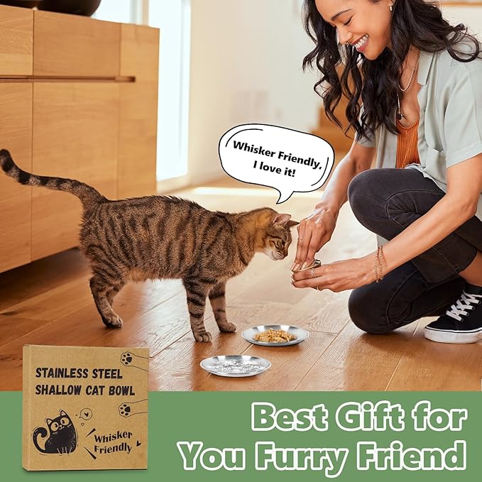 2-Pack Stainless Steel Cat Food Bowls, Shallow Whisker-Friendly Non-Slip Silicone Base Metal Dishes, Easy to Clean Indoor Feeding Flat Plates for Cat, Kitten, Small Dog (6.7")