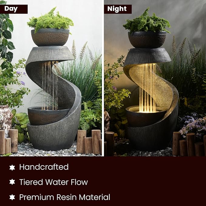 31.9" S-Shaped Outdoor Water Fountain with Lights – Resin Waterfall Fountain Outdoor with Planter Bowl, Modern Grey Garden Water Feature for Patio, Balcony, Yard, Home Decor