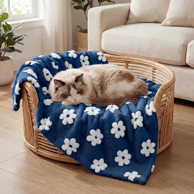 Horaldaily Pets Flannel Blanket, Navy Blue Flowers 3D Textured Soft Fuzzy Fluffy Plush Cozy Fleece Premium Blankets for Dog Cat Puppy Kitten Couch Protection, 16x23