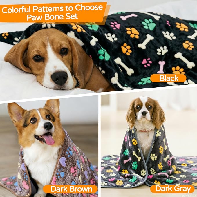 1 Pack 3 Blankets Premium Soft Fluffy Pet Flannel Blanket,Paw Printed Throw for Dogs, Cats and Puppies (Paw Bone Set, 23×16 inch, Pack of 3)