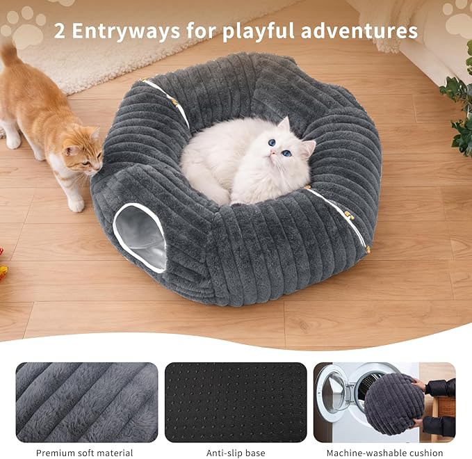 Cat Tunnel Bed Cave - Soft Washable Cushion for Indoor Cats, Peekaboo Hideaway Cave for Indoor Cats, Kittens, Puppies, Rabbits, Luxurious Striped Hare-Feel Fabric, Tunnels for Indoor Cats Large