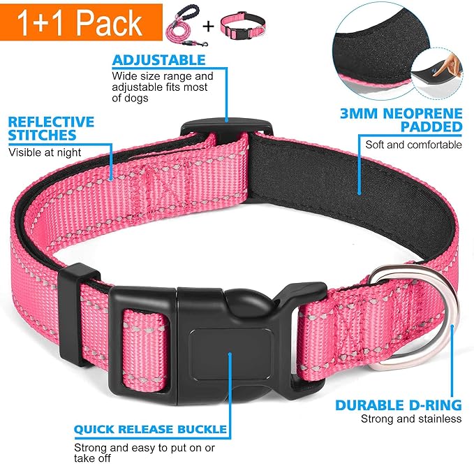 Ladoogo Reflective Dog Collar Padded with Soft Neoprene Breathable Adjustable Nylon Dog Collars for Small Medium Large Dogs (Medium (Pack of 1), Pink Collar+Leash)