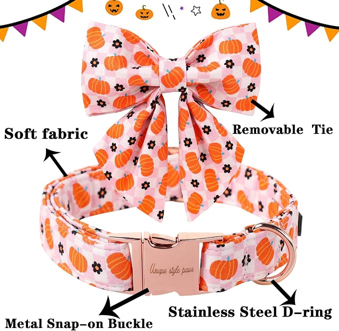Unique Style Paws Halloween Day Dog Collar with Bowtie Pink Pumpkin Cotton Dog Collars for Small Medium Large Dogs