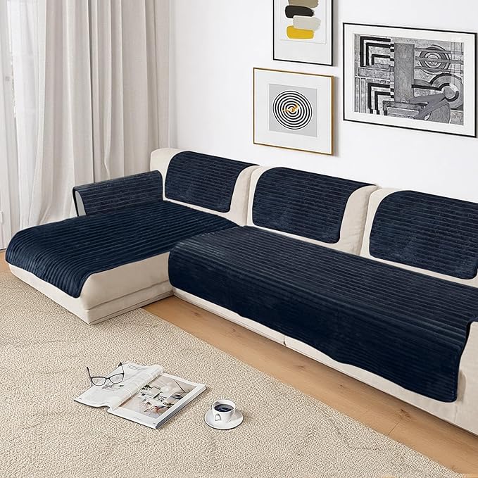 NAISI Couch Covers for Dogs Waterproof Flannel Striped Sofa Cover Pet Friendly Washable Dog Mat for Couch Anti Slip Sectional Sofa Slipcover Protector(2pcs/35"x63"+35"x70",Dark Navy)