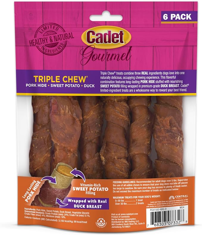 Cadet Gourmet Triple Chews Long-Lasting Pork Hide Sticks with Sweet Potato and Duck, Healthy Dog Treats for Small & Large Dogs, 18 Count